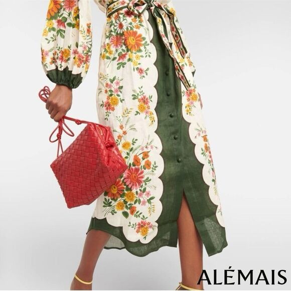 ALÉMAIS *NWT* Elisabetta Belted Forest Green/Cream Floral Linen Midi Shirt Dress - Picture 13 of 15